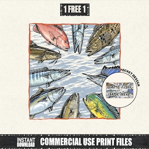 May include: A digital graphic print featuring various game fish species arranged in a circle against a light blue water background. The text 1 FREE 1 appears at the top, and a circular inset displays the text GAME FISH OF AMERICA POCKET DESIGN.