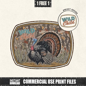 May include: A digital graphic featuring a detailed illustration of a wild turkey with a vibrant display of feathers. The turkey is set against a backdrop of autumn leaves and tall grass, with the text "Wild Child" in a vintage style. The design includes a "Pocket Design" option.