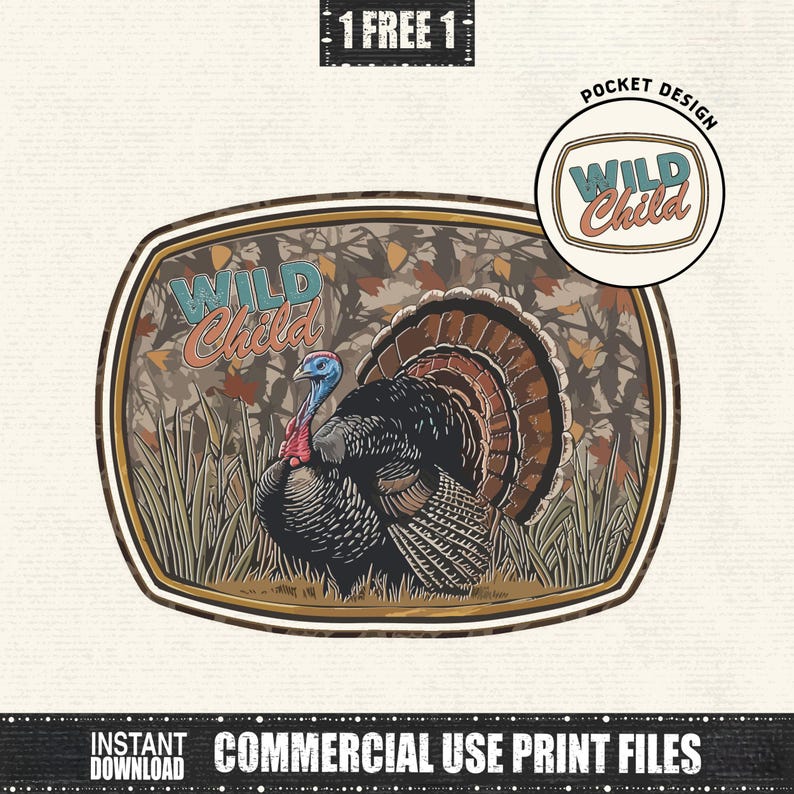 May include: A digital graphic featuring a detailed illustration of a wild turkey with a vibrant display of feathers. The turkey is set against a backdrop of autumn leaves and tall grass, with the text "Wild Child" in a vintage style. The design includes a "Pocket Design" option.