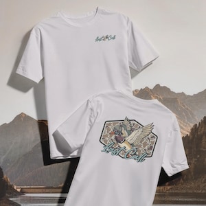 May include: Two white t-shirts. One shirt has the text "Last Call" on the front. The other shirt has a graphic of a duck with the text "Last Call" in a hexagon shape on the back. The duck graphic has a camouflage pattern.