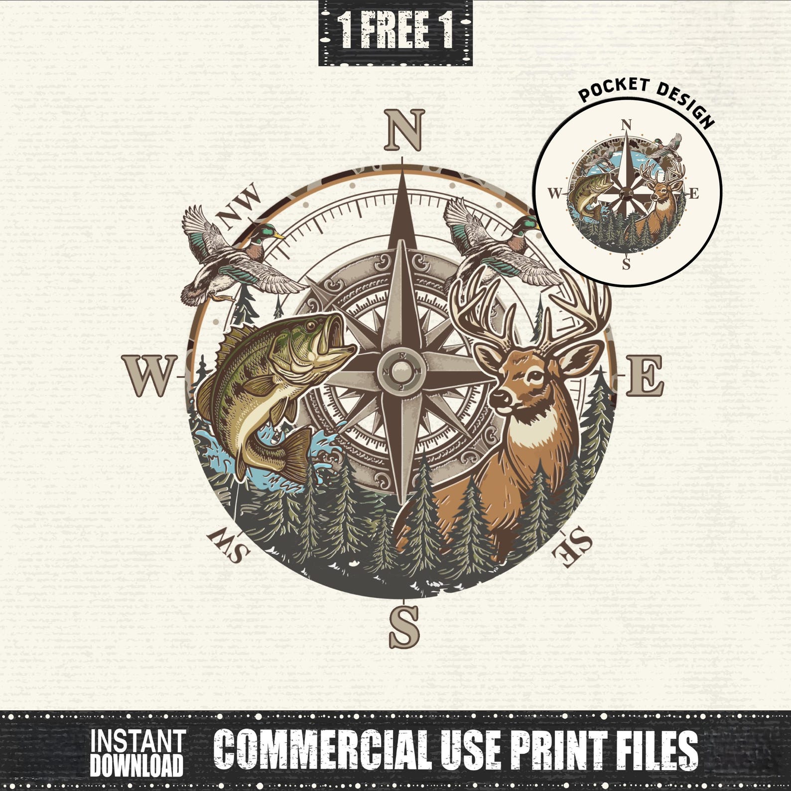 Hunting and Fishing PNG, Vintage Outdoors Compass, Deer Duck Fishing ...