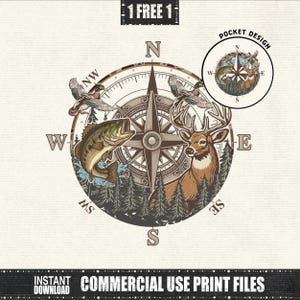Könnte beinhalten: Detaillierte Illustration mit einem Kompass, einem Hirsch, einem Fisch und Enten. Das Design enthält den Text "1 FREE 1", "POCKET DESIGN", "INSTANT DOWNLOAD" und "COMMERCIAL USE PRINT FILES". Die Farbpalette umfasst Braun, Grün und Beige.