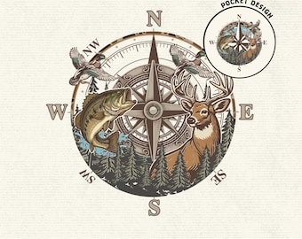 Hunting and Fishing PNG, Vintage outdoors compass, Deer Duck Fishing, Hunter Fisherman Sublimation, Rustic Outdoor Graphic, Instant Download