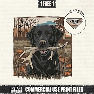 Shed Hunt Dog PNG, Black Lab Retriever with Antler Sublimation, Antler Hunting Dog Design, Outdoor Sportsman Clipart, Digital Download, 02