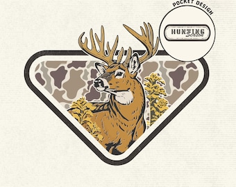 Deer Hunting Buck PNG, with Old School Camo Background, Hunting Sublimation Design, Rustic Outdoors Clipart, Vintage Whitetail Antlers