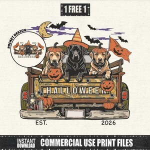 May include: A graphic illustration featuring three Labrador dogs sitting in the bed of a vintage pickup truck. The dogs wear pumpkin hats and hold jack-o'-lantern buckets. The truck is decorated with Halloween text, bats, and a moon.