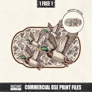 May include: Illustration of four flying ducks with detailed feathers, green heads, and brown bodies, set against a camouflage background. A smaller circle shows a pocket design with the text "Southern Vibes". The image includes the text "1 FREE 1" and "COMMERCIAL USE PRINT FILES".