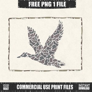 May include: A digital graphic of a duck in flight, filled with a camouflage pattern in shades of gray and brown. The image is framed with a camouflage border and includes the text "FREE PNG 1 FILE" and "COMMERCIAL USE PRINT FILES".