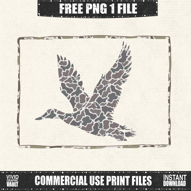 May include: A digital graphic of a duck in flight, filled with a camouflage pattern in shades of gray and brown. The image is framed with a camouflage border and includes the text "FREE PNG 1 FILE" and "COMMERCIAL USE PRINT FILES".