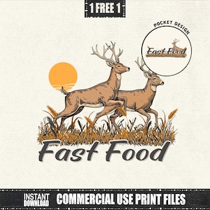 Puede incluir: Ilustración marrón y beige de dos ciervos con grandes astas corriendo por hierba alta, con un sol poniente. Las palabras "Fast Food" están escritas en negrita debajo. Un pequeño diseño circular dice "Fast Food" con un ciervo.