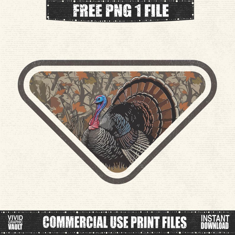 May include: A detailed illustration of a turkey with a blue head, red wattle, and brown and black feathers, set against a camouflage background within a triangular frame. The image includes the text "FREE PNG 1 FILE" and "COMMERCIAL USE PRINT FILES".
