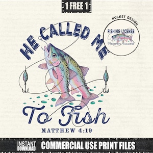 Op de afbeelding: Een digitale print met twee kleurrijke vissen, vishaken en de tekst "He Called Me To Fish Matthew 4:19". Een "Fishing License" zakontwerp is ook inbegrepen. Het ontwerp staat op een getextureerde, gebroken witte achtergrond.