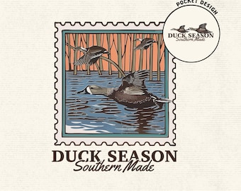 May include: A vintage-style illustration featuring a duck in a pond with other ducks flying above. The image is framed within a postage stamp design, with the text "DUCK SEASON Southern Made" at the bottom. Additional text includes "1 FREE 1" and "COMMERCIAL USE PRINT FILES".