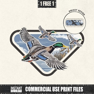 May include: A graphic design featuring three flying ducks with green heads, blue wings, and brown bodies. The ducks are set against a blue sky and water background within a black and white triangle. Text includes "1 FREE 1", "POCKET DESIGN", "INSTANT DOWNLOAD", and "COMMERCIAL USE PRINT FILES".