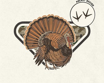 Vintage Wild Turkey PNG, Rustic Hunting Sublimation Design, Thanksgiving Farmhouse, Real Leaf Camo Clipart for Shirt, Digital Download