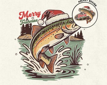May include: A digital illustration featuring a jumping fish wearing a Santa hat, with the text "Merry Fishmas." The design includes water splashes, reeds, and a small pocket design. The image also includes the text "Instant Download" and "Commercial Use Print Files."