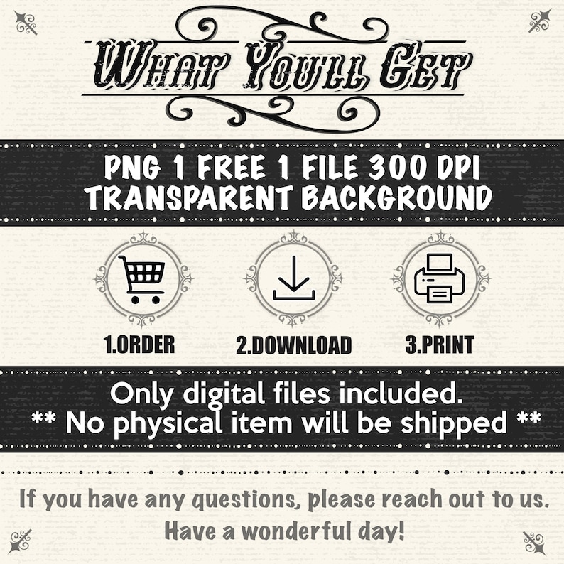 Op de afbeelding: Cr&egrave;mekleurige digitale kunstprint met de tekst "WHAT YOU'LL GET" in een decoratief lettertype. De afbeelding beschrijft het proces: bestellen, downloaden en afdrukken. Er staat ook dat alleen digitale bestanden zijn inbegrepen en dat er geen fysiek item wordt verzonden.