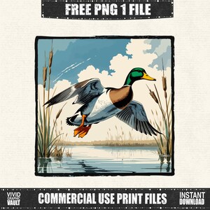 May include: A digital illustration of a mallard duck in flight over water, with cattails in the foreground. The duck has green, brown, white, and orange coloring. The image includes the text "FREE PNG 1 FILE" and "COMMERCIAL USE PRINT FILES".