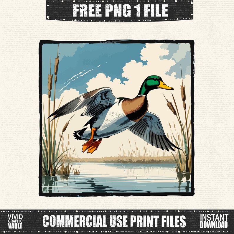 May include: A digital illustration of a mallard duck in flight over water, with cattails in the foreground. The duck has green, brown, white, and orange coloring. The image includes the text "FREE PNG 1 FILE" and "COMMERCIAL USE PRINT FILES".