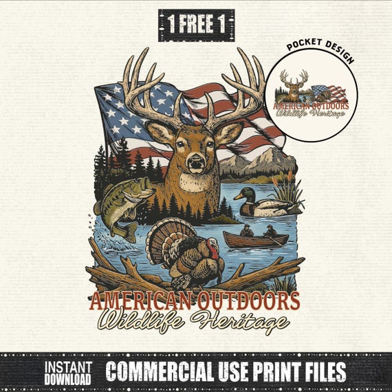 American Outdoors Hunting PNG, Deer Bass Duck Turkey Wildlife Tee Hunter Sublimation Design, USA Deer Hunting Graphic, Instant Download