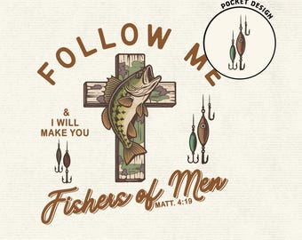 Fishers of Men PNG, Christian Fishing Graphic, Matthew 4:19 Bible Verse Art, Faith-Based Outdoor Design, Vintage Men's Bible Verse Clipart