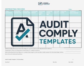 May include: A blue and white checklist template titled "Defrosting Record" with a blue and white logo for Audit Comply Templates. The logo features a checkmark inside a document.