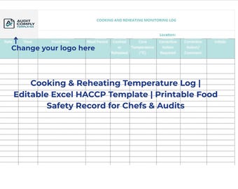 May include: A white document with a blue header and grid lines. The text reads "Cooking & Reheating Temperature Log | Editable Excel HACCP Template | Printable Food Safety Record for Chefs & Audits."