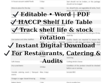 May include: A digital download of a printable HACCP Shelf Life Table for restaurants, catering, and audits. The table is editable in Word and PDF formats. The table includes a list of food types and their corresponding shelf life.
