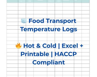 May include: A blue and white document titled "Food Transport Temperature Logs." The document includes the text "Hot & Cold | Excel + Printable | HACCP Compliant." The document is a template for tracking food temperatures.