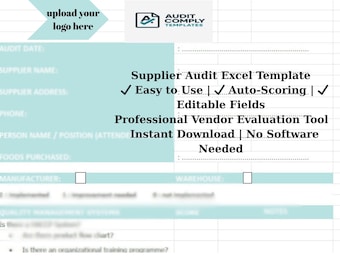 May include: A light blue and white template for a supplier audit. The template includes sections for audit date, supplier name, supplier address, phone, person name, position, foods purchased, manufacturer, warehouse, and notes. The text "Supplier Audit Excel Template" is in a larger font size and is centered on the page. The text "Easy to Use | Auto-Scoring | Editable Fields" is below the title. The text "Professional Vendor Evaluation Tool" is below the editable fields. The text "Instant Download | No Software Needed" is below the professional vendor evaluation tool.