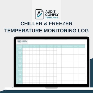 Op de afbeelding: Een laptopscherm met een leeg temperatuurbewakingsschema voor chillers en vriezers. Het schema heeft kolommen voor datum, tijd, locatie, temperatuur en notities. De titel van het schema is "Chiller & Freezer Temperatuurbewakingsschema".