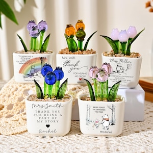 Personalized Glass Tulip Pot,Stained Glass Teacher Flower Pot,Teacher Appreciation,Thank You Gifts for Teacher Retirement,Back to School