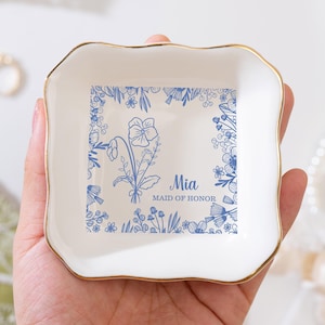 Toile De Jouy Birth Flower Jewelry Dish,Personalised Birth Flower Trinket Dish,Custom Watercolor Flower Ring Dish,Birthday Jewelry Dish