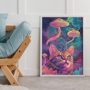 Retro Psychedelic Cat Art, Mushroom Decor, Vintage Poster, Surreal Wall Print, Trippy Wall Art