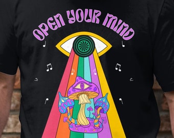 May include: Black t-shirt with a psychedelic design featuring a mushroom with a third eye and the text "Open Your Mind".