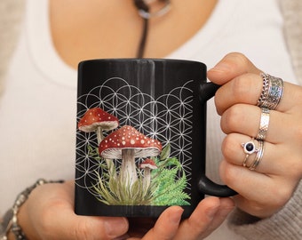 Amanita Mushroom Decor Mug, Flower of life Pattern, Merkaba, Spiritual Gift, Perfect for Sacred Geometry Lovers, Hippy Dark Cottagecore Cup