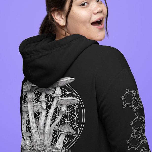 Hoodie met paddenstoelen: Flower of Life, Metatron's Cube - festivalkleding