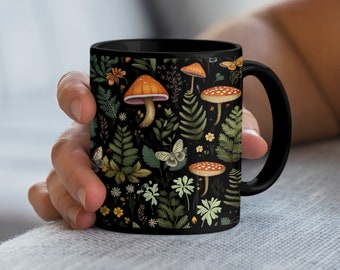 Cottagecore Mushroom Decor Mug - Forest Theme - Ferns and Moths - Amanita - Witchy Gifts
