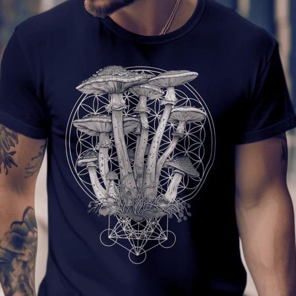 Mushroom Decor T-Shirt: Sacred Geometry, Festival Outfit