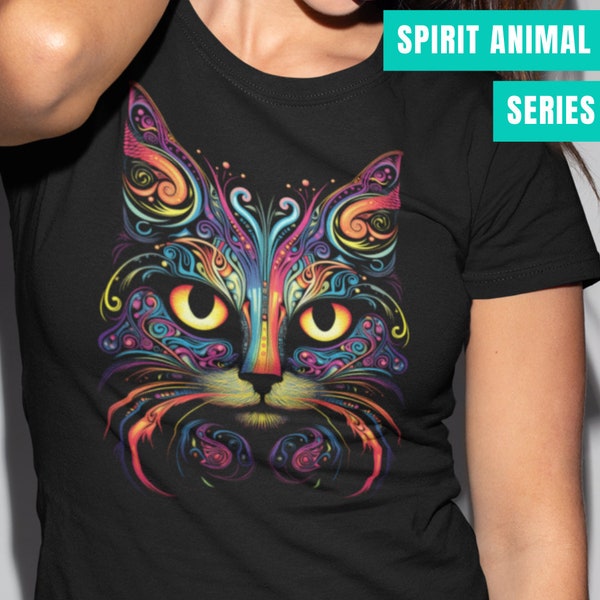 Spirit Animal - Psychedelic Cat Shirt, Sacred Geometry, Trippy Art, Psytrance Clothing, Shamanic art, Gift for Her and for Him