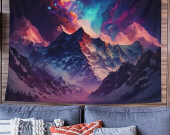 Majestic Mountain Range Wall Decor - Festival Gear - Trippy Tapestry - Celestial Wonderland - Psychedelic Sky