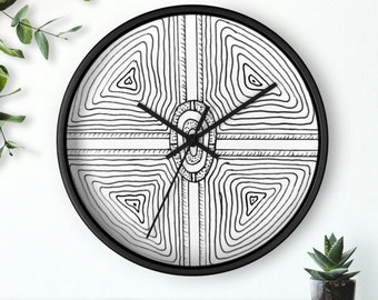 Zen Art Wall Clock, Hand Drawn Four Directions, Zen Decor (Battery Operated).
