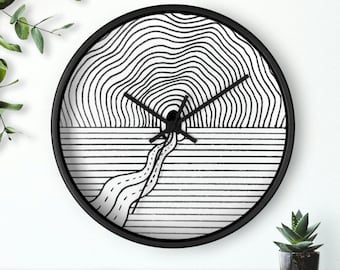 Zen Art Wall Clock, Hand Drawn Four Directions, Zen Decor (Battery Operated).