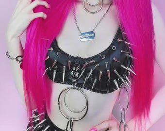 Edgy spiked bralette + garter belt + panties set
