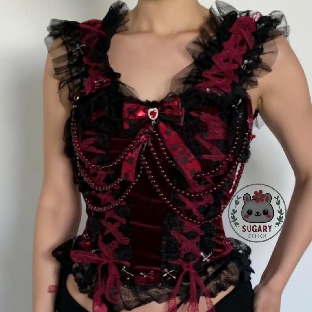 Red royal gothic lace blouse + skirt set