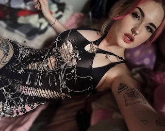 Sexy distressed punk halter dress