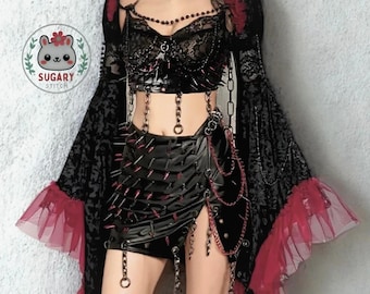Red studded lace and faux leather top + skirt + sleeves set
