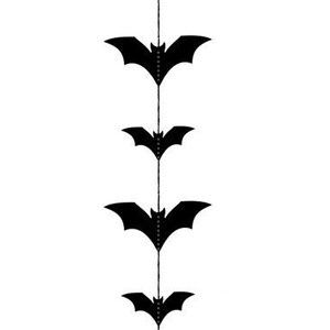 May include: A black bat garland with six bat silhouettes hanging vertically against a white background. The bats are evenly spaced and connected by a thin string, creating a spooky Halloween decoration.