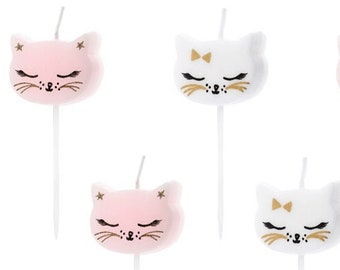 Pretty Pink, Gold and White Kitty Cat Birthday Candles - Set 6 Pink