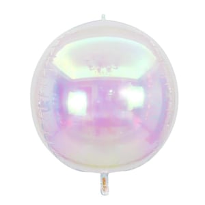 May include: Iridescent sphere-shaped balloon with a pearlescent finish. The balloon reflects a spectrum of colors, including pink, purple, and green, creating a shimmering effect. It has a round shape and a small nozzle at the bottom for inflation. Ideal for party decorations.